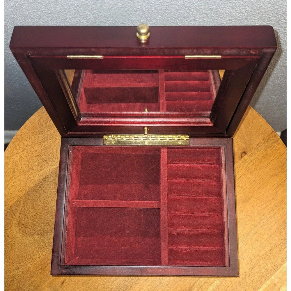 Wooden Jewelry Box Hinged Mirror Velvet Lined 2 Compartments Pull Out Drawer
